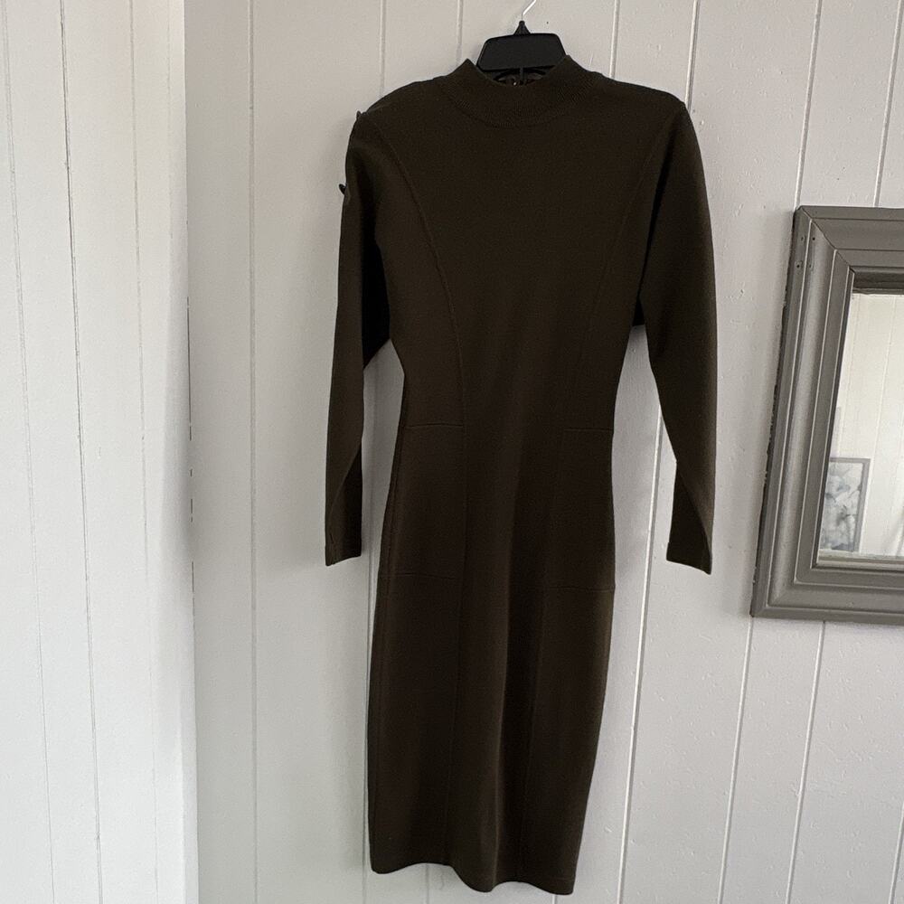 Vintage Green Ribbed Knit High Neck Bodycon Midi Dress Button Size S - Picture 2 of 7